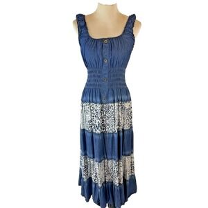 Lapis  Denim Leopard  Tier Maxi‎ Dress Size M Smocked Boho Cottagecore Hippie